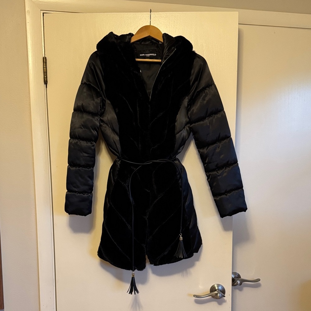 Karl Lagerfeld Black Hooded Puffer Coat
